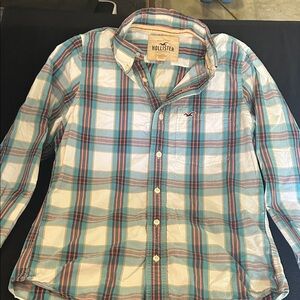Hollister Men's Teal and White Plaid Shirt